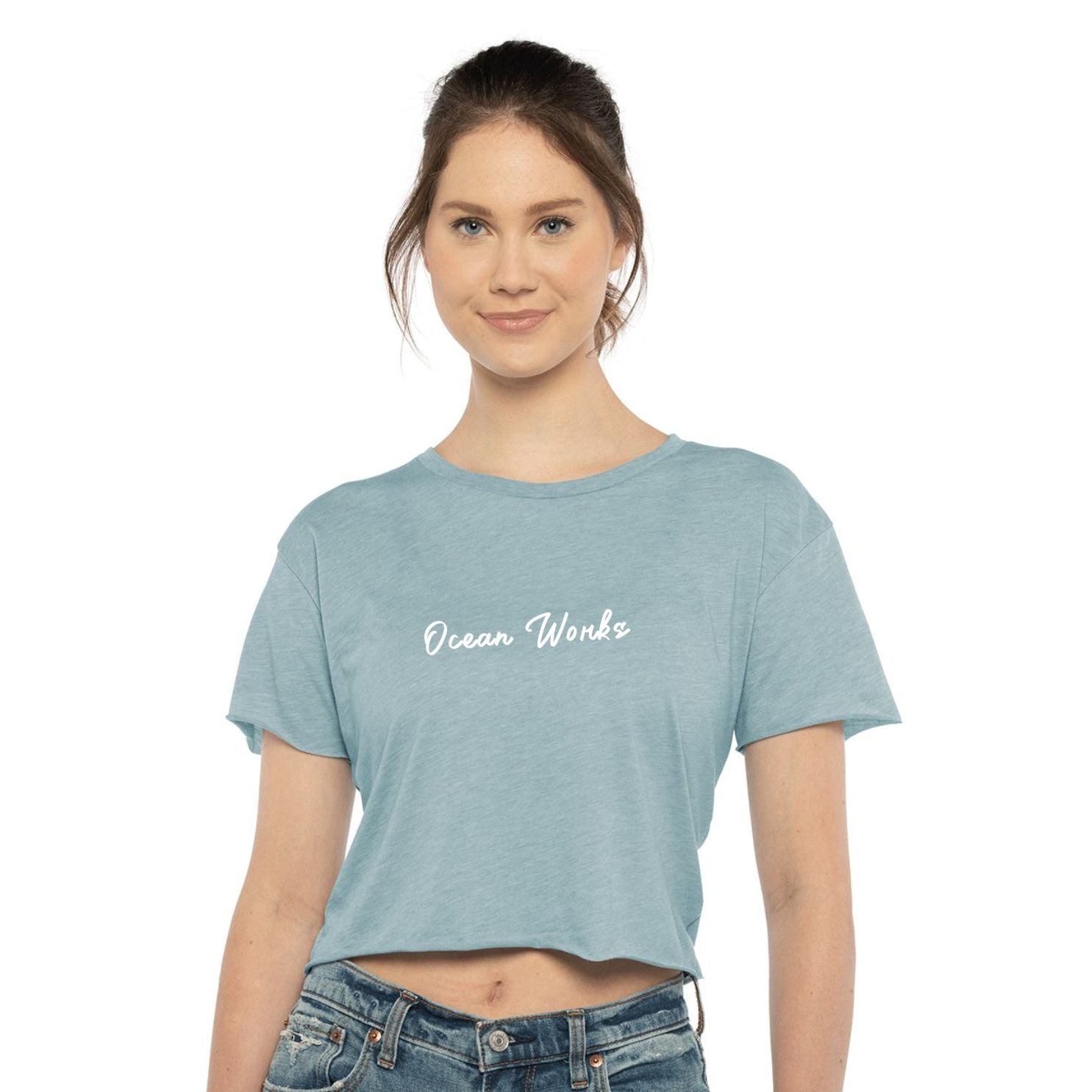 woman wearing blue crop top