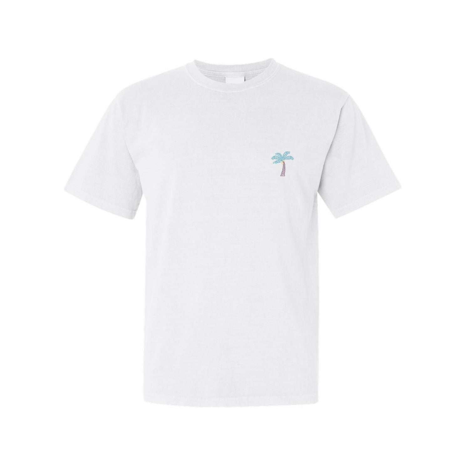 front of shite palm tree shirt