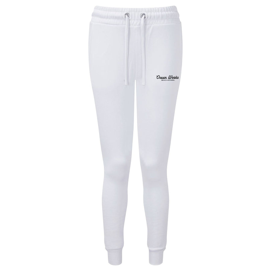 white jogger with logo on right leg