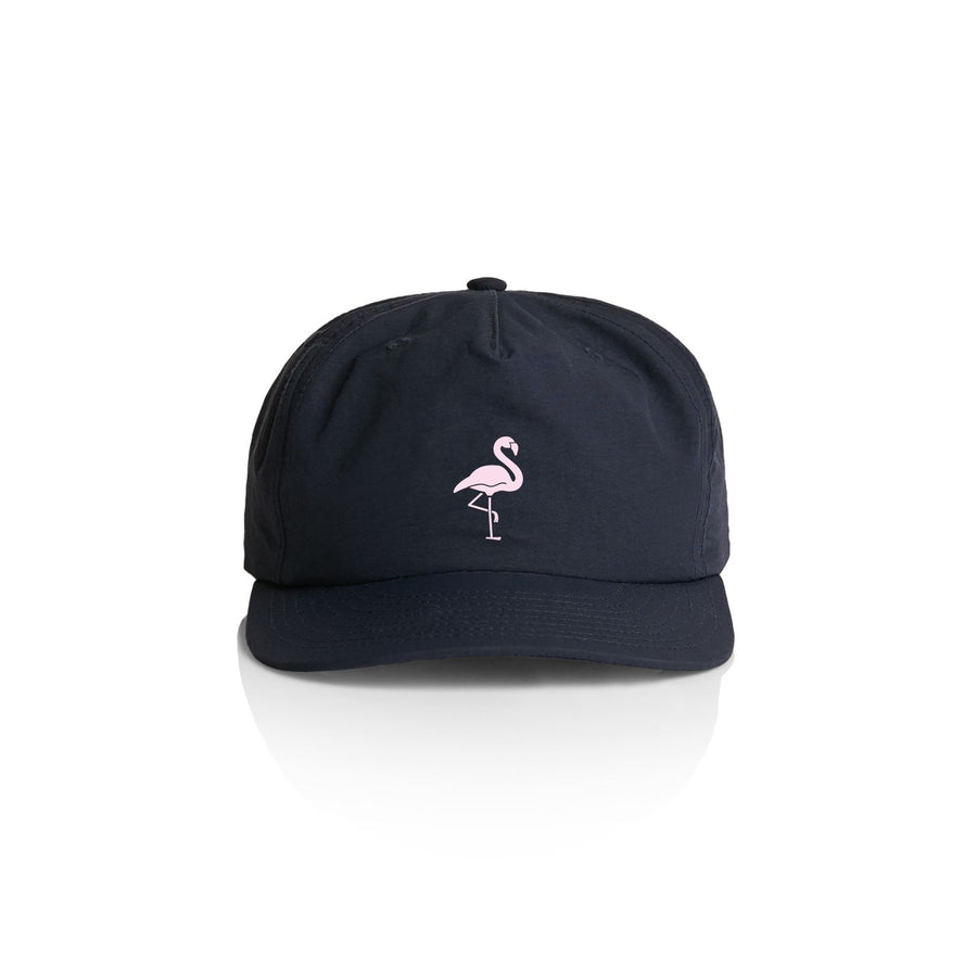 navy hat with pink flamingo