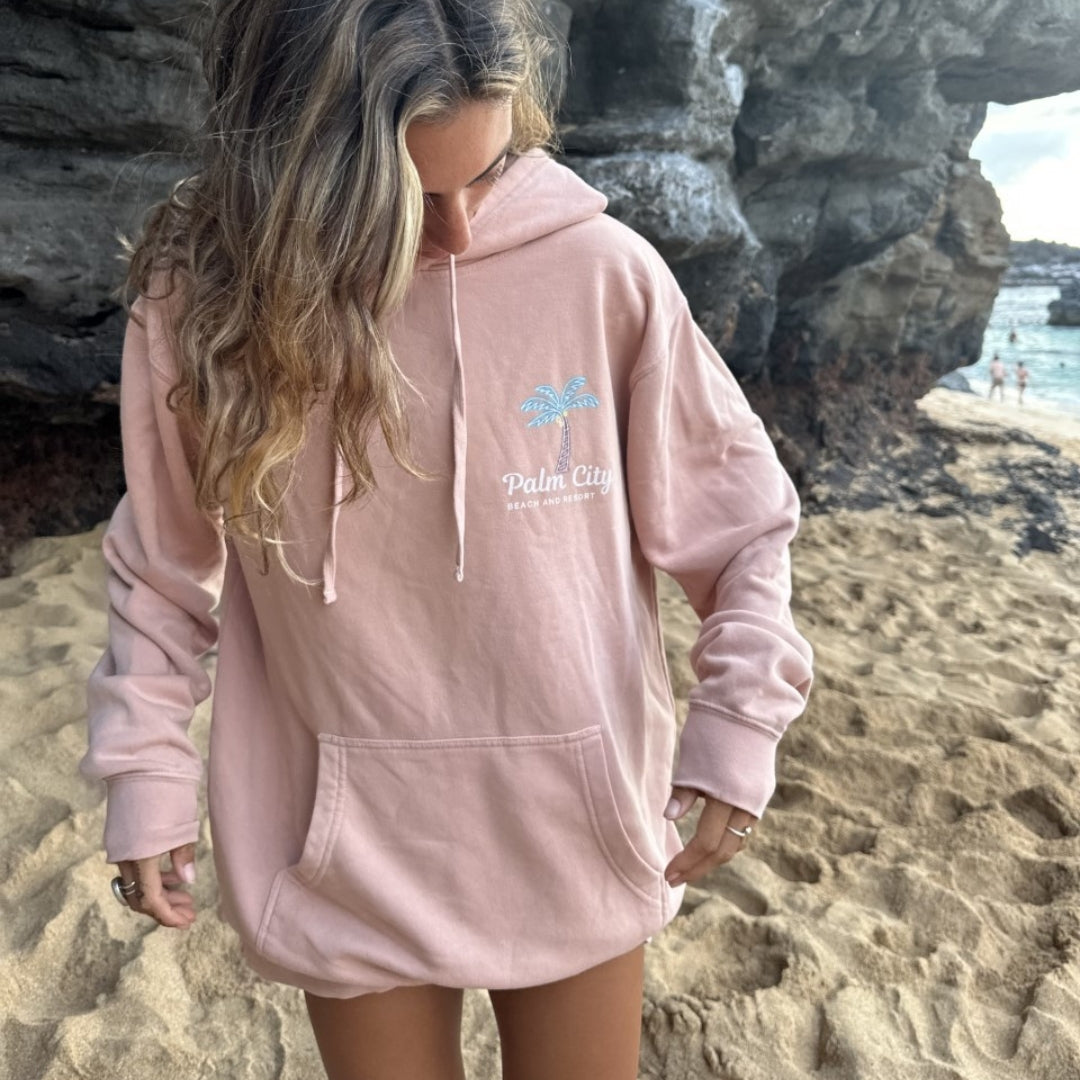 pastel pink hooded sweatshirt